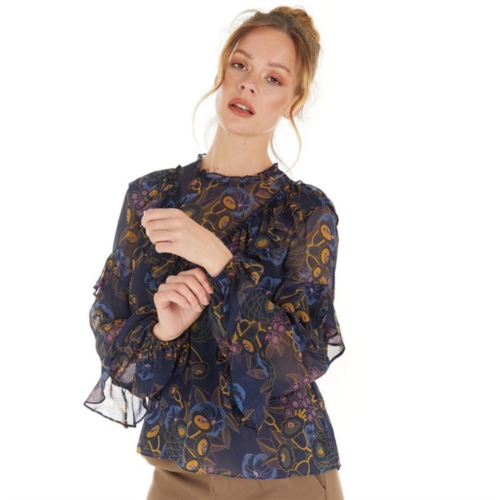 🐢 Ted Baker Juvena Floral Printed waterfall ruffle long sleeve top.  Size 1.
